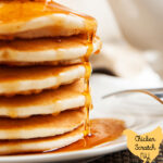 stack of pancackes with syrup with text overlay Pancake Breakfast Gift Basket