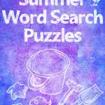 blue, pink and purple water color background with white summer beach supplies and text overlay sumer word search puzzles