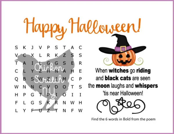 easy halloween word search with Halloween poem