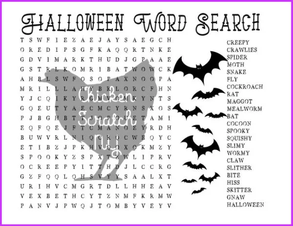 hard halloween wors search with bats and creepy crawly creature words