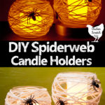 two glass votive holders covered with white yarn and black spiders to make Halloween candle holders