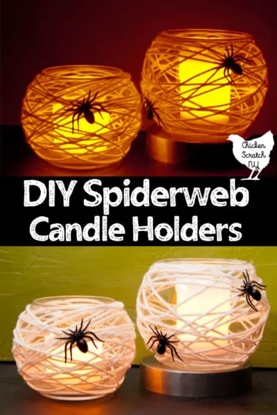 two glass votive holders covered with white yarn and black spiders to make Halloween candle holders