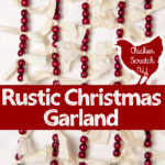 five strands of burgundy beads and unbleached muslin fabric over a white background