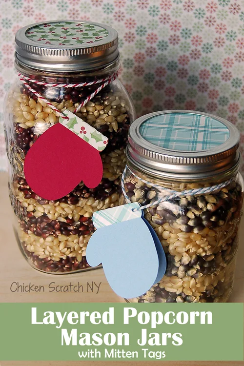 Layered Popcorn Mason Jars with Mitten Tags