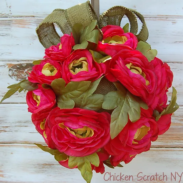 Floral Kissing Ball with Burlap Ribbon