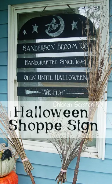 Craft your own Halloween window sign for the Sanderson Broom Co to welcome guests and ghouls