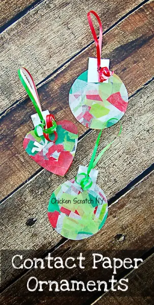 Get the kids involved with the decorating this holiday season with simple contact paper ornaments (no glue or glitter required!)