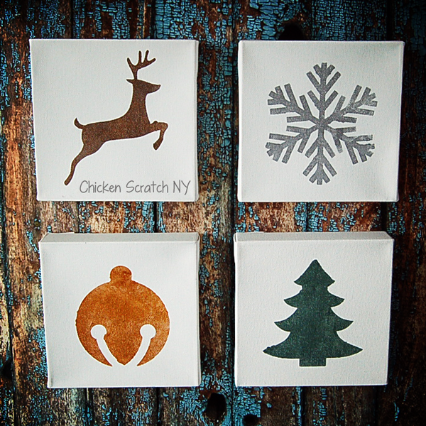 Transform blank canvases into holiday works of art with metallic paint and simple stenciled silhouettes