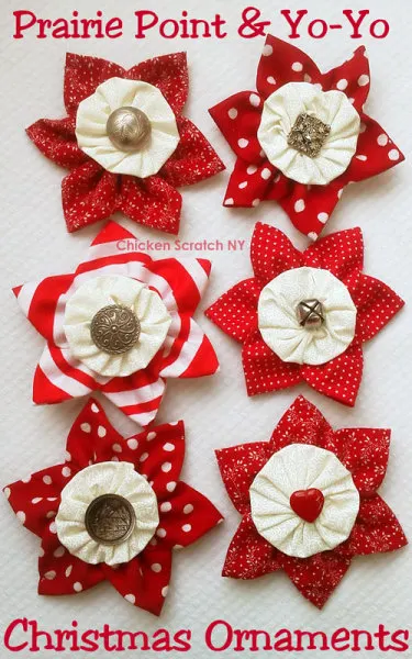 Turn scraps into pretty fabric ornaments combining prairie points, yo-yos and fancy buttons