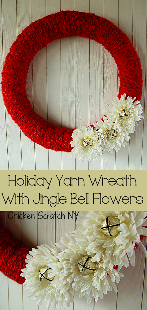 Decorate a festive holiday yarn wreath with reassembled jingle bell flowers