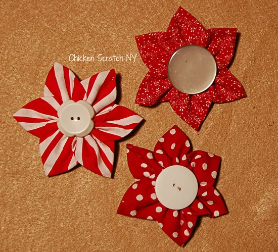 Turn scraps into pretty fabric ornaments combining prairie points, yo-yos and fancy buttons