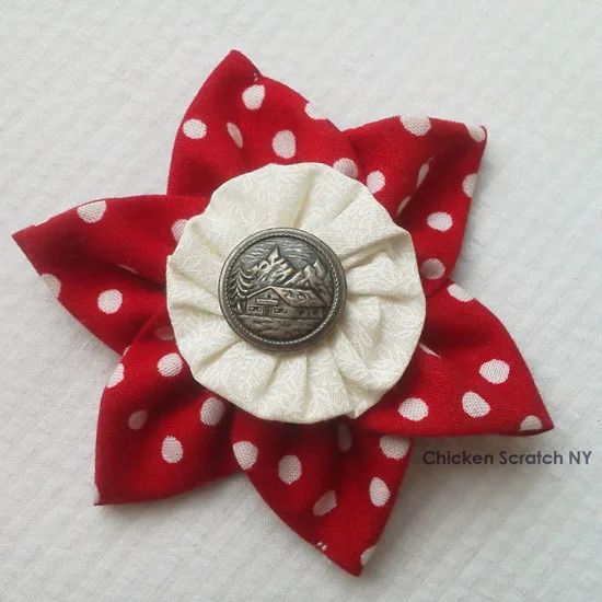 Turn scraps into pretty fabric ornaments combining prairie points, yo-yos and fancy buttons