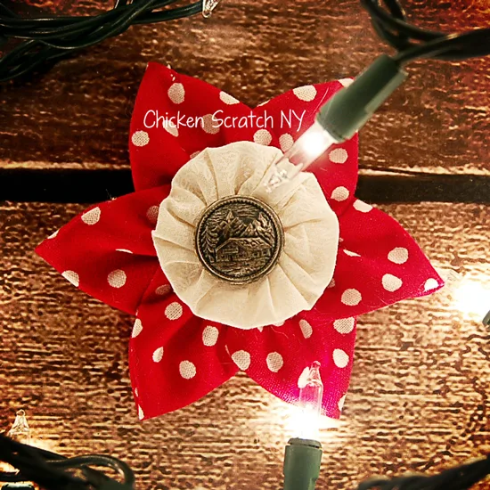Turn scraps into pretty fabric ornaments combining prairie points, yo-yos and fancy buttons