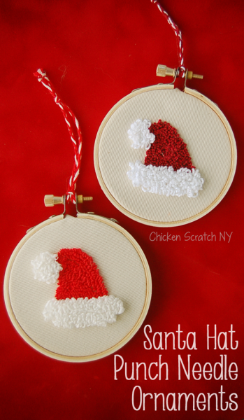 Make adorable Santa Hat Punch Needle Ornaments with this quick pattern utilizing 2 loop lengths for texture