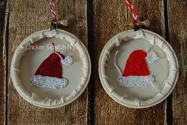 Make adorable Santa Hat Punch Needle Ornaments with this quick pattern utilizing 2 loop lengths for texture
