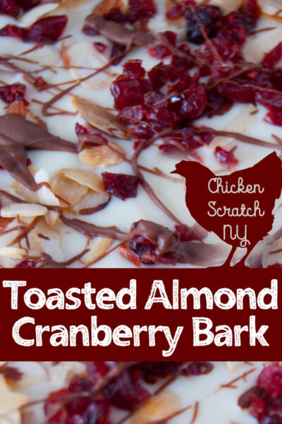 white chocolate, toasted almond, cranberry and dark chocolate drizzle