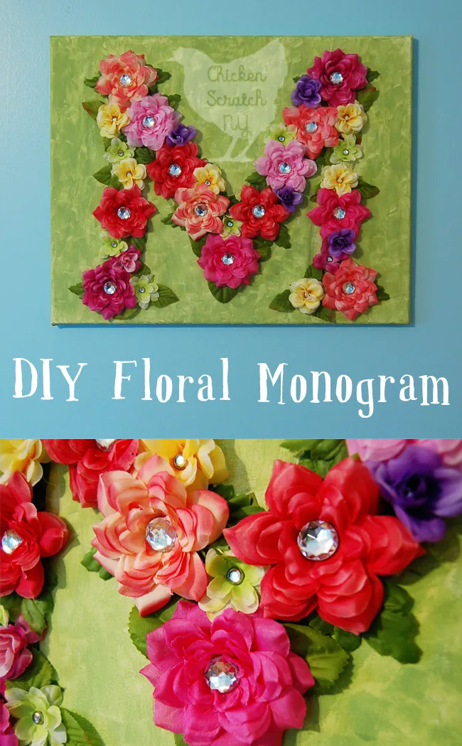 Decorate you walls with a bright and lively DIY Floral Monogram crafted on stretched canvas with fancy scrap booking brads