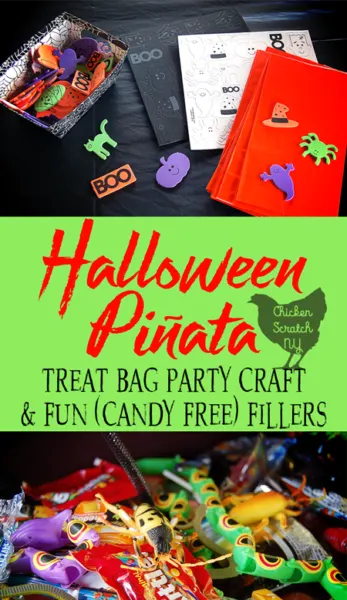 Bring some fun to the party with a fun DIY Treat Bag craft to hold your Halloween Pinata goodies! Bonus ideas for candy-free pinata fillers