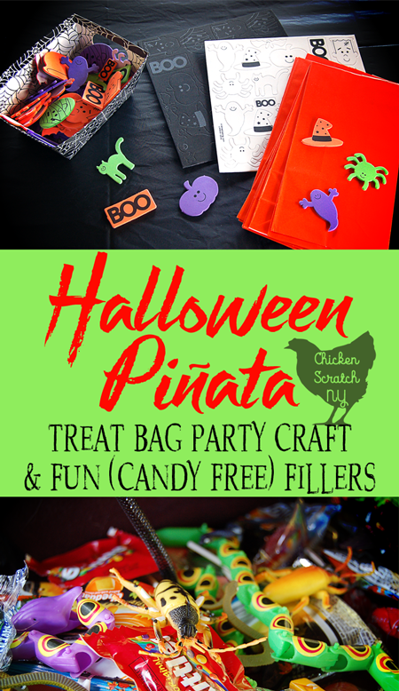 Bring some fun to the party with a fun DIY Treat Bag craft to hold your Halloween Pinata goodies! Bonus ideas for candy-free pinata fillers