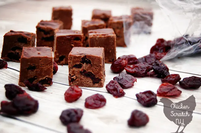 Whip up a decadent dark chocolate cherry fudge with this quick stove top recipe. Overflowing with tart cherries this sweet treat is sure to be a holiday hit