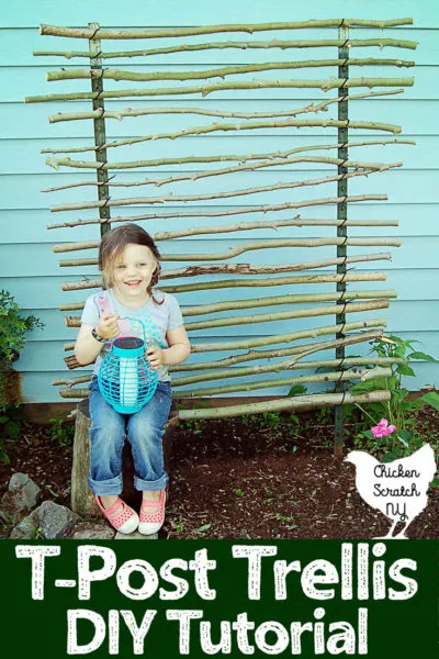 little girl sitting infront of homemade trellis made with branches, zip ties and t-posts