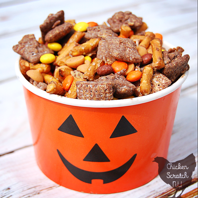 Mix chocolate coated cereal with a few salty & sweet treats to make a batch of puppy chow trail mix to bring along on your next hayride or pumpkin hunt