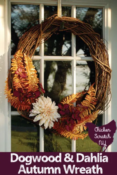 grapevine wreath on white front door with gold ferns, purple dogwood and a large white dahlia