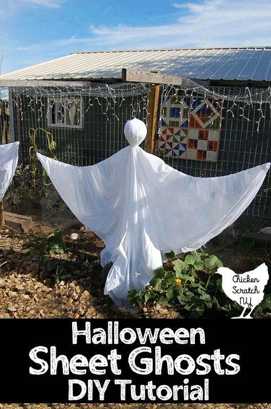 hanging ghost made from sheets and plastic bags