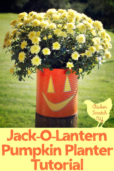 pumpkin planter made from reycled can and filled with yellow mums