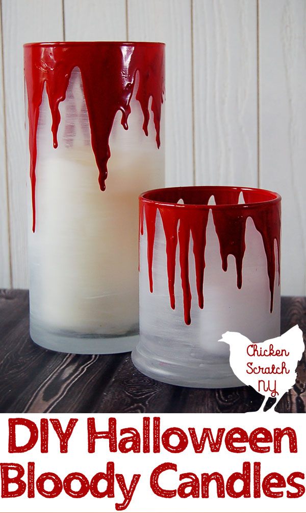 Frosted glass candle holders with fake blood dripping down and text overlay for DIY candle tutorial