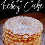 vanilla pizzelle cookies with eggnogg pudding pilling stackes and dusted with powdered sugar on a wooden surface