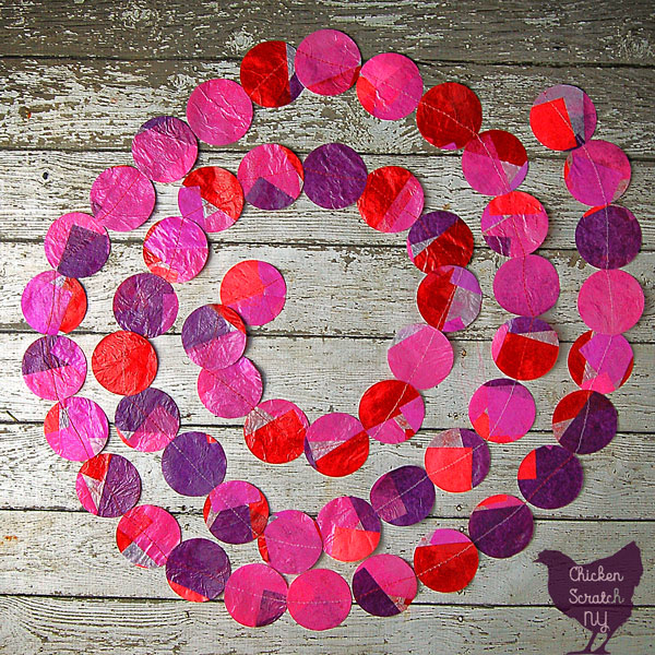 Make a colorful tissue paper garland with the help of Mod Podge and a large hole punch. This easy tissue paper craft is fun and customizable. Switch up the colors for DIY tissue paper decoration for any occasion