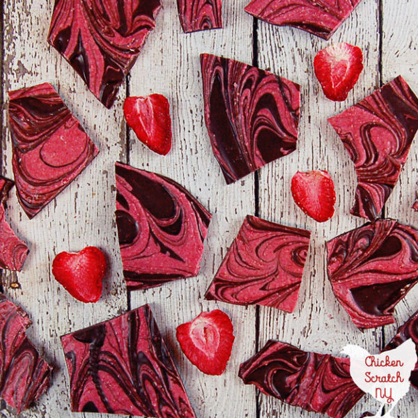 Forget hunting down a ripe strawberry in February, get the sweet strawberry and chocolate flavor combo in this Swirled Chocolate Strawberry Bark. It comes together quickly with 3 ingredients and a microwave so you can get back to smooching your sweetheart ASAP! 