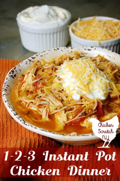 white bowl filled with instant pot chicken dinner with tomatoes and pineapple on an orange towel with two small white bowls filled with shredded cheese and greek yogurt