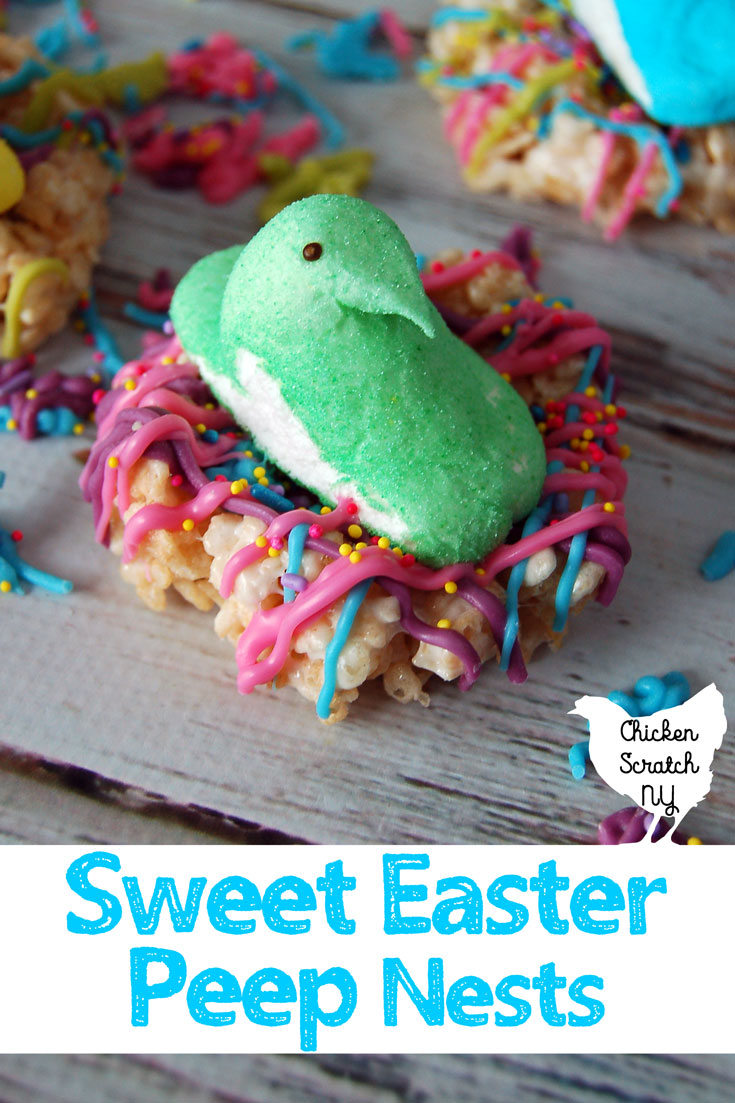 Marshmallow peep chick in rice crispie nest decorated with candy melts and sprinkles