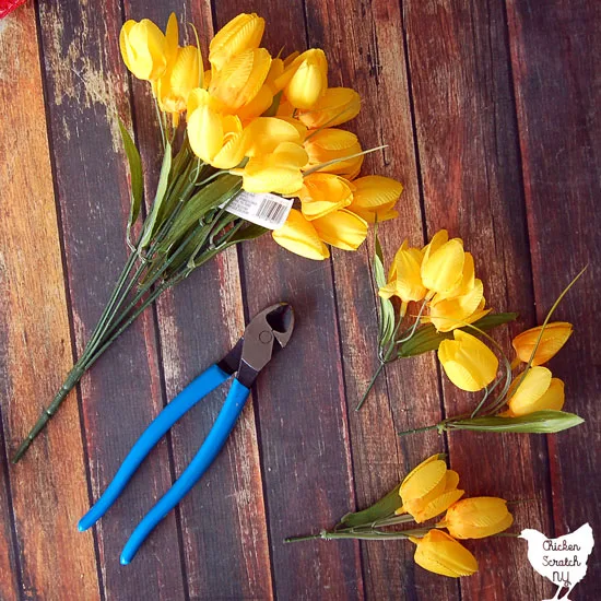 yellow tulips cut into pieces with wire cutters