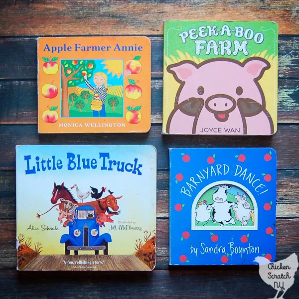 children's farm books The Little Blue Truck, Apple Farmer Annie, Peek-a-Boo Farm Barnyard Dance