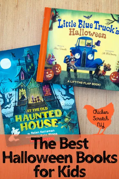 the best halloween books for kids with Little Blue Trucks Halloween and At The Old Haunted House on a wooden surface