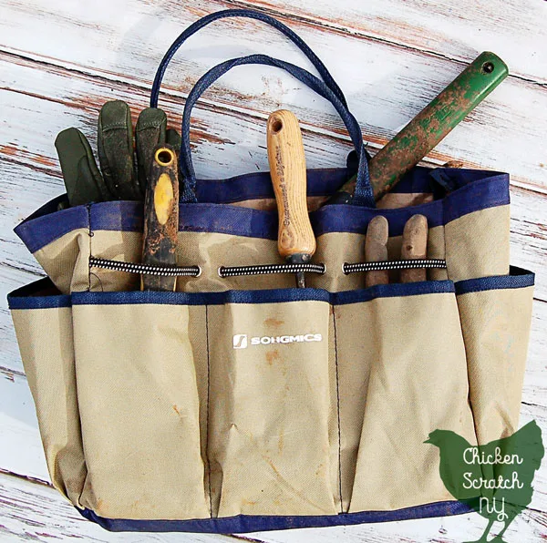 garden tote filled with garden tools