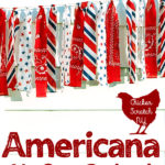 red, white and blue strips of bandanna fabric cut and tied to bakers twine to make an easy 4th of July decoration