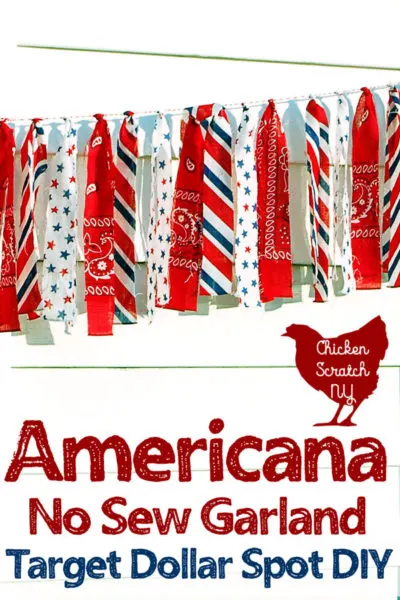 red, white and blue strips of bandanna fabric cut and tied to bakers twine to make an easy 4th of July decoration