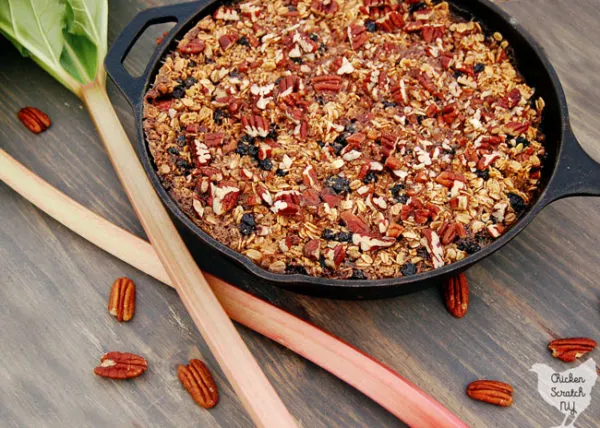 baked oatmeal with rhubarb, pecans and blueberries in a cast iron skillet on a red towel and rhubarb stalks on a grey stained wooden board