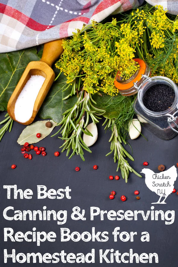 collection of canning and preserving ingredients scattered across a grey surface with text overlay best canning and preserving books for the homestead kitchen