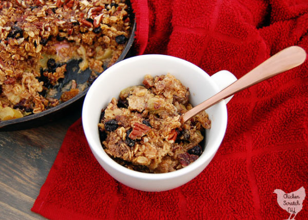 baked oatmeal with rhubarb, pecans and blueberries in a cast iron skillet with a scoop in a white cup with a copper spoon, on a red towel and rhubarb stalks on a grey stained wooden board