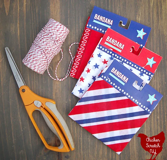 4th of July americana garland supplies bandanas, twine and scissors