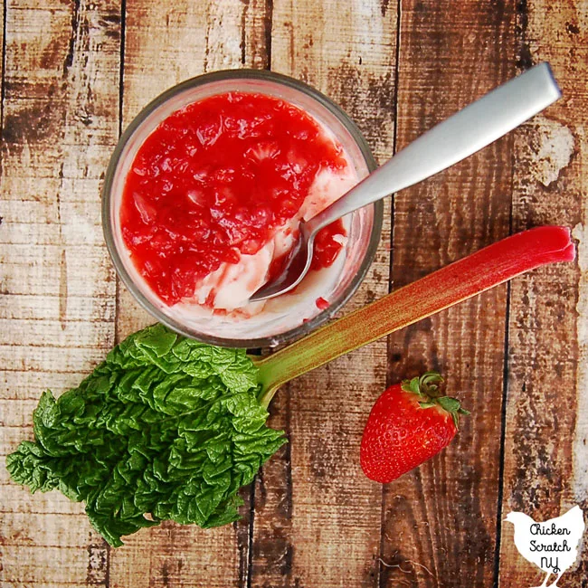 rhubarb panna cotta in a clear dish with a strawberry balsmaic sauce on a wooden board with a stalk of rhubarb and a strawberry