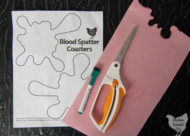 blood spatter coaster supplies, scissors, marker, vinyl fabric and pattern