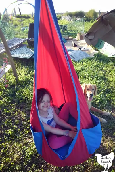 Little girl in red and blue hammock swing wit hgolden retriever in the background