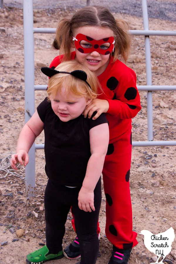 homemade DIY Cat Noir and Miraculous Ladybug costumes on two young girls on a playground