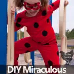 young girl in homemade miraculous ladybug costume on a playground
